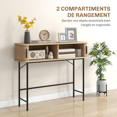Console meuble, table console avec portes coulissantes à lattes et pieds en acier, pour salon, chêne et noir