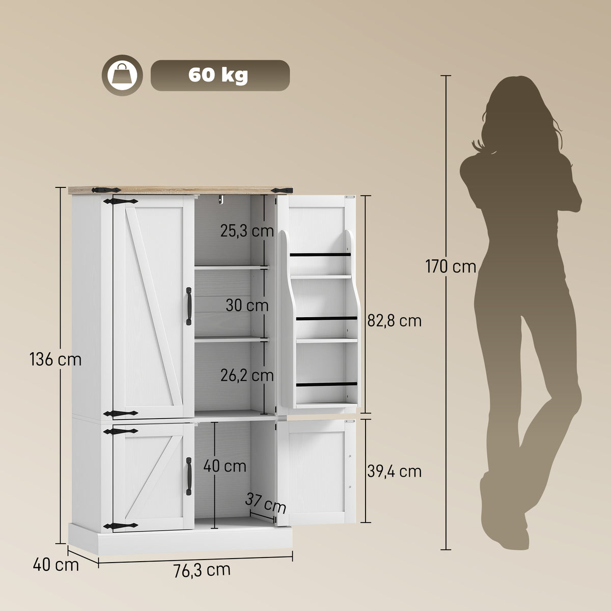 Buffet de cuisine, armoire de cuisine avec 4 portes, 6 porte-épices et étagères réglables, 76,3 x 40 x 136 cm, blanc