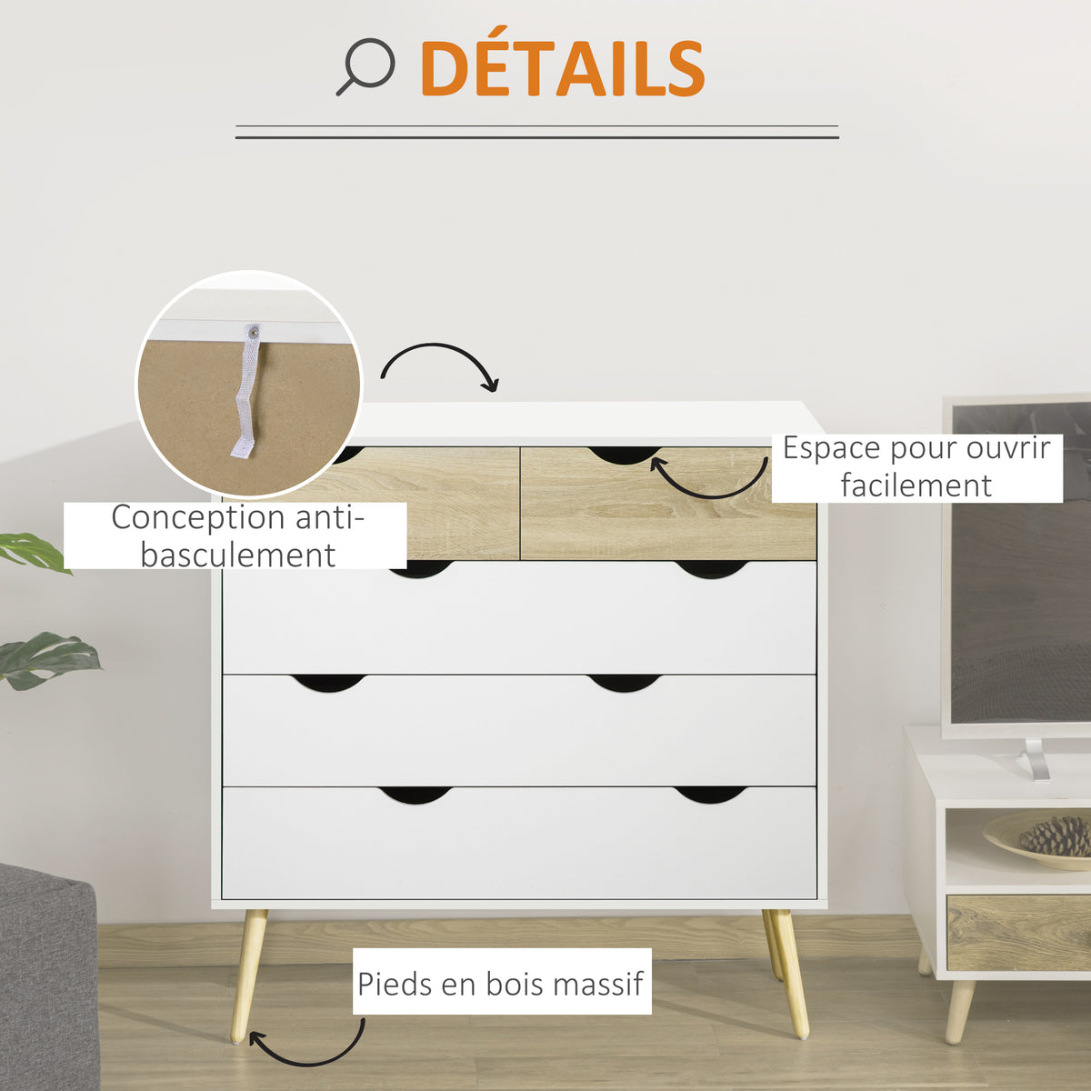 Commode 5 tiroirs Design scandinave Meuble de Rangement Chambre Panneau de Particules 99 x 39 x 101 cm Blanc Aspect chêne Clair