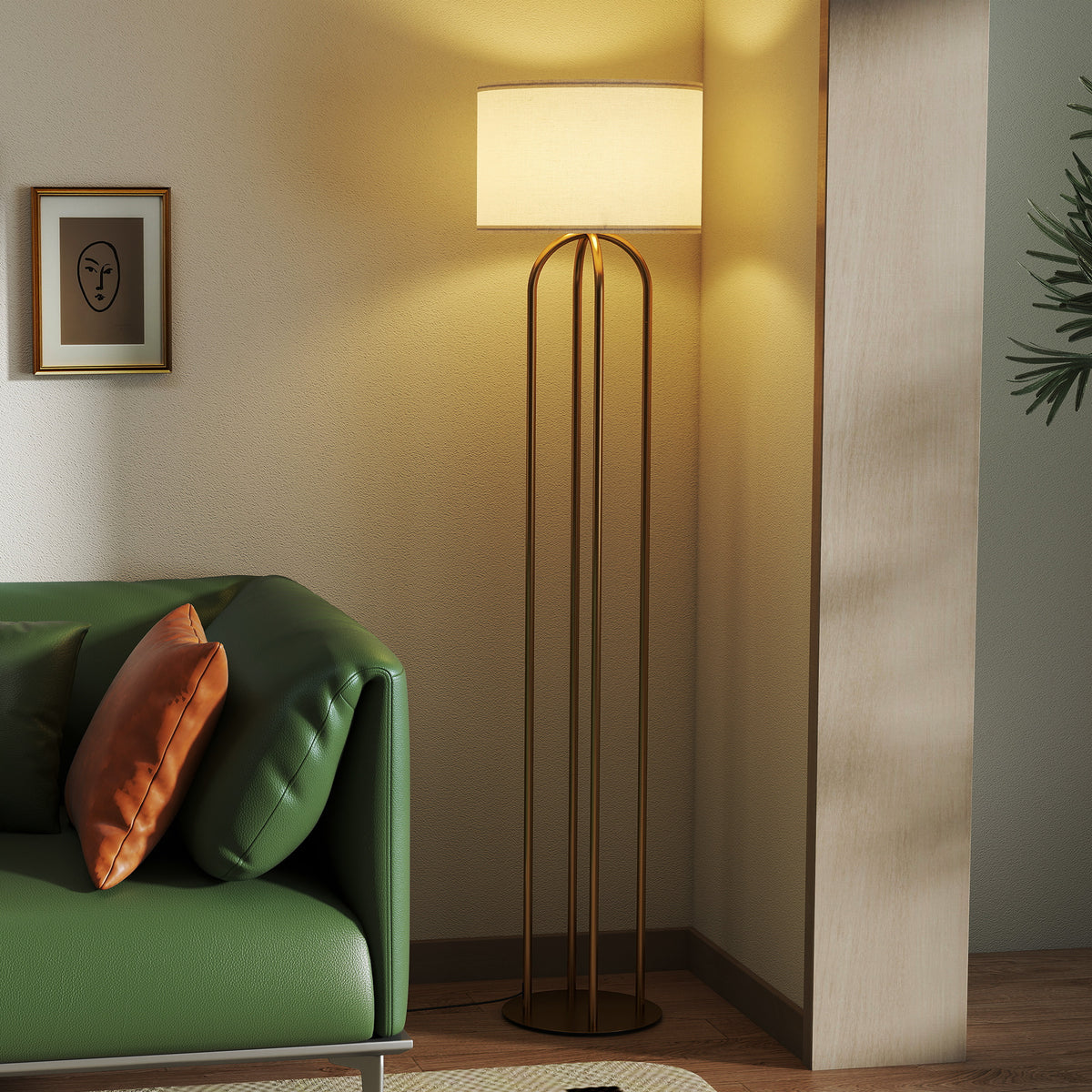 Lampadaire sur pied de salon, lampe sur pied avec abat-jour en lin et interrupteur à pied, Ø 38 x 161 cm, doré et beige
