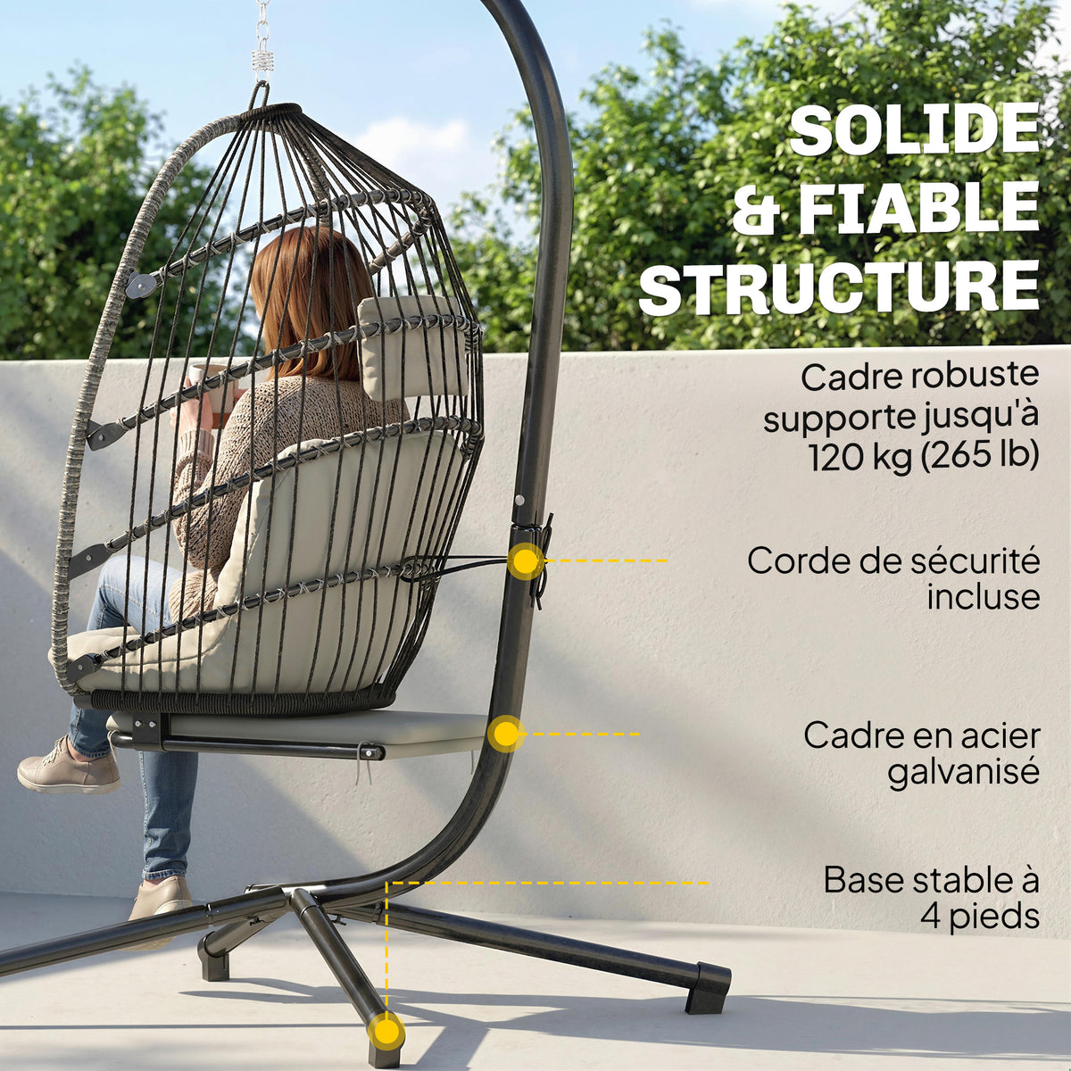 Fauteuil suspendu avec support, chaise suspendue pliante avec repose-pieds rétractable, gris clair