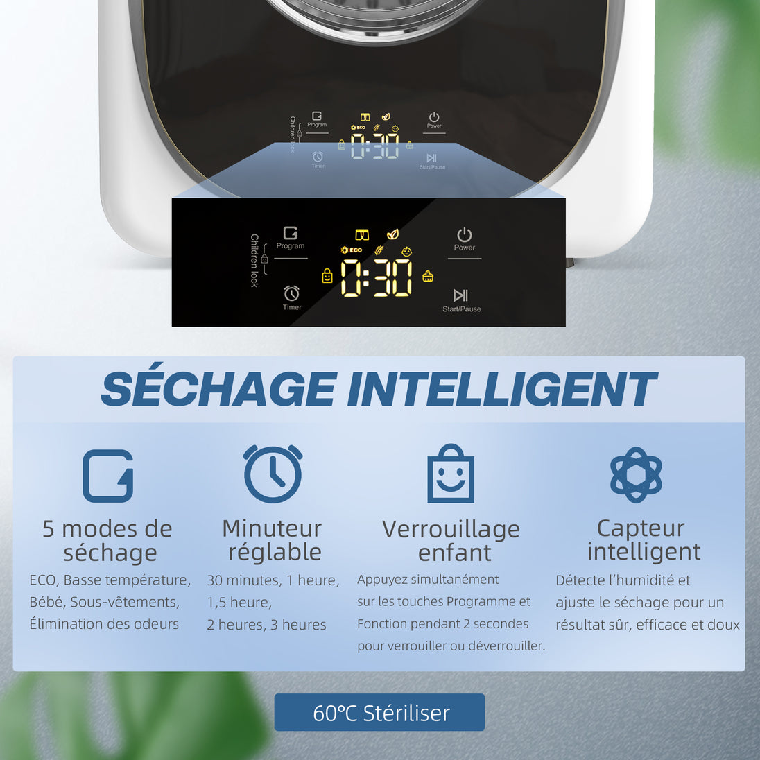 Sèche-linge à évacuation portable 4 Kg, sèche-linge 800 W compact, 5 modes de séchage, minuterie, blanc Aosom