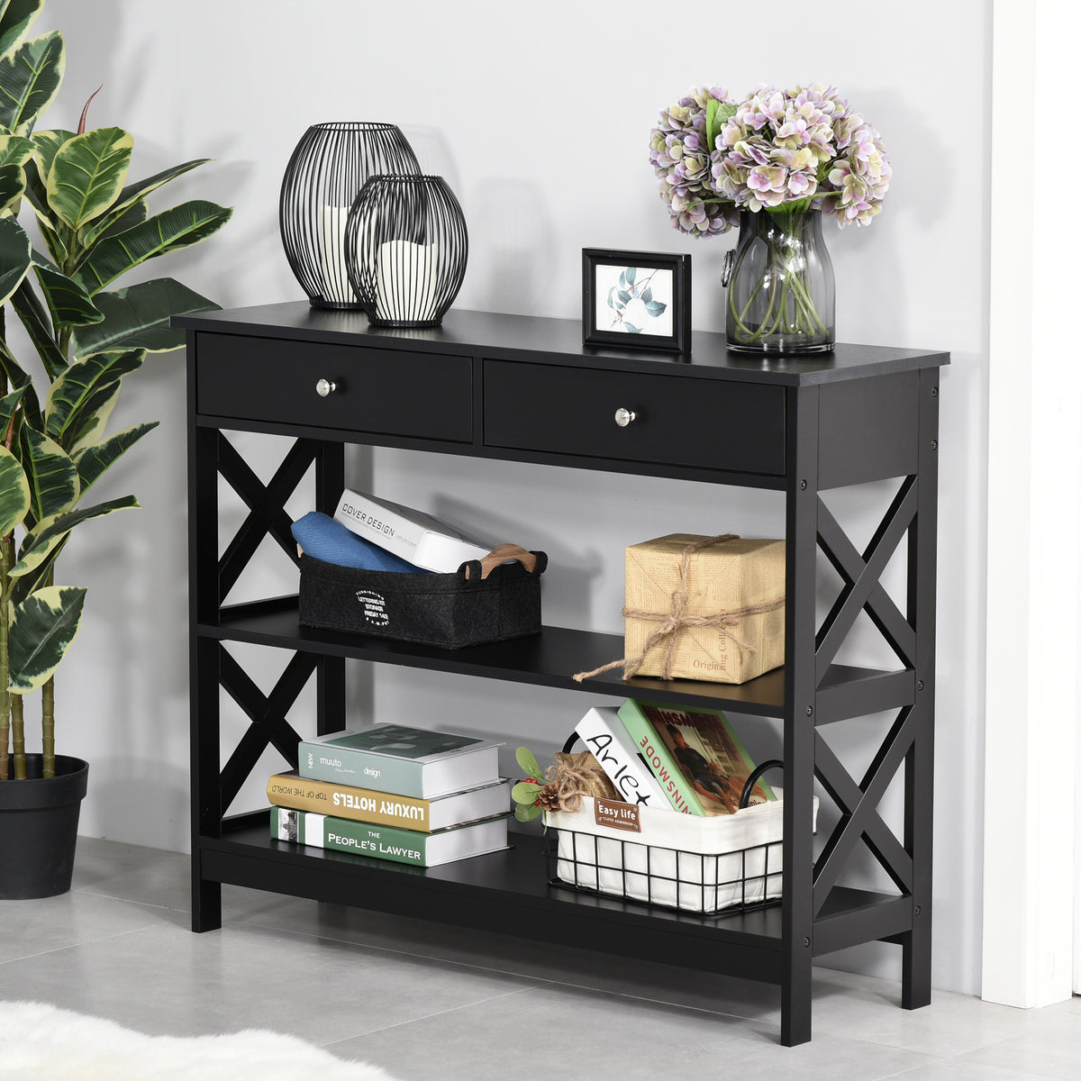 Table de console table d'entrée style table de drapier néo-rétro 2 tiroirs 2 étagères dim. 100L x 30,5l x 80H cm en bois noir