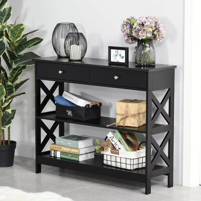 Table de console table d'entrée style table de drapier néo-rétro 2 tiroirs 2 étagères dim. 100L x 30,5l x 80H cm en bois noir