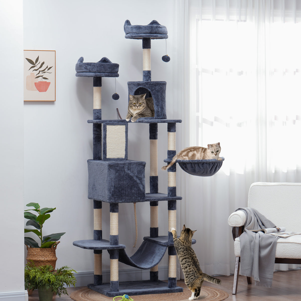 Arbre à chat 206 cm tour de jeux pour chat en peluche plusieurs niveaux idéal pour 1-3 chats 60 x 50 x 206 cm gris foncé