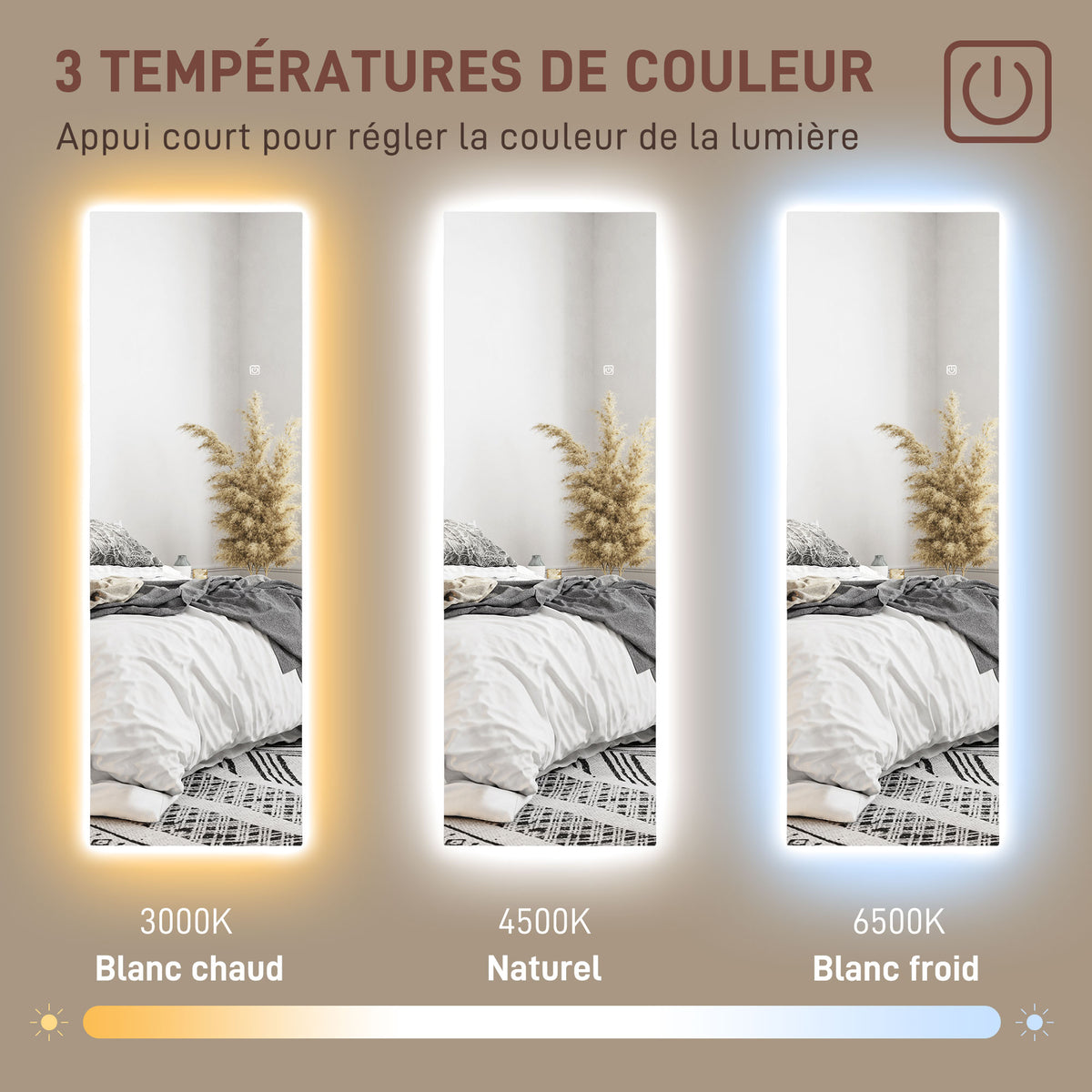 Grand miroir mural LED miroir pleine longueur 3 couleurs de lumière réglables fonction mémoire 120 x 40 cm transparent