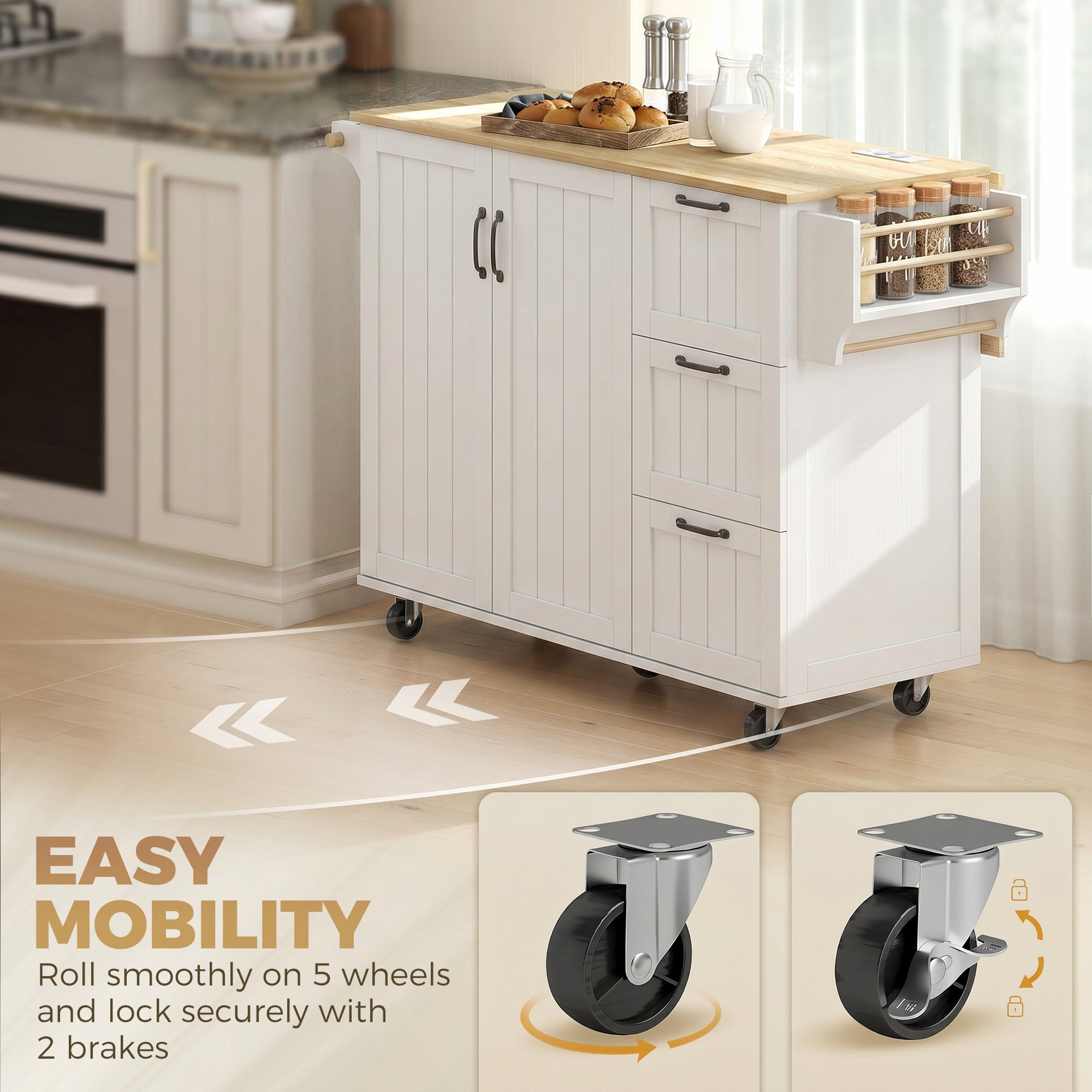 Îlot Central Cuisine avec Plateau Rabattable 2 Prises et 2 Ports USB Desserte de Cuisine sur Roulettes 3 Tiroirs Blanc