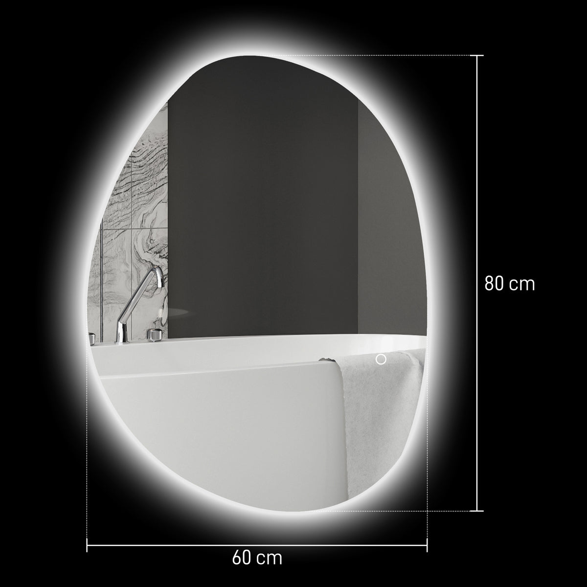 Miroir salle de bain avec éclairage LED 80 x 60 cm, miroir lumineux mural avec antibuée, mémoire, IP44, argenté