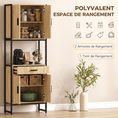 Buffet Haut Cuisine, Armoire de Cuisine, 4 Portes à Fermeture Douce, Tiroir, Plan de Travail, 60x30x170cm, Bois Naturel
