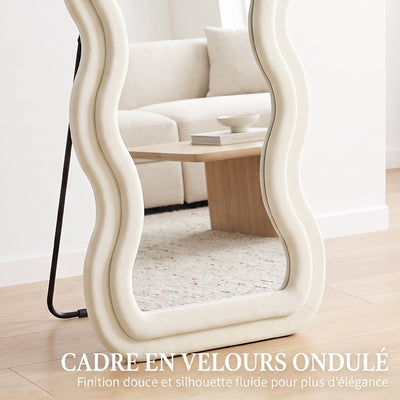 Miroir Pleine Longueur 160 x 60 cm, Miroir Ondulé sur Pied ou Mural, Cadre Effet Velours et Verre Trempé, Crème