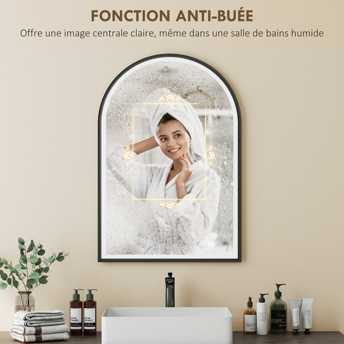 Miroir salle de bain avec éclairage 50 x 70 cm, miroir LED arqué, anti-buée, 3 couleurs lumière, dimmable, mémoire, noir
