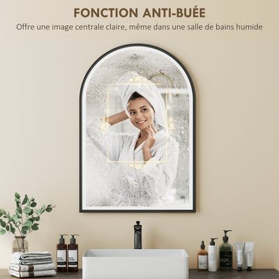 Miroir salle de bain avec éclairage 50 x 70 cm, miroir LED arqué, anti-buée, 3 couleurs lumière, dimmable, mémoire, noir