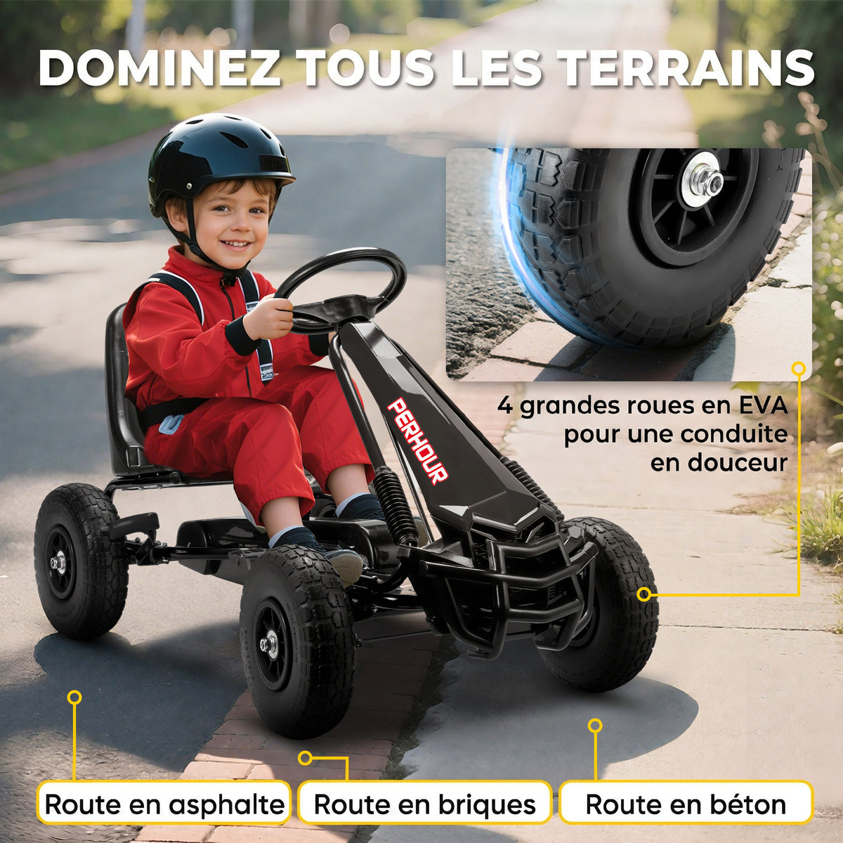 Kart à pédales Go-Kart pour enfants siège réglable pneus EVA embrayage manuel et frein 110 x 61 x 62 cm noir