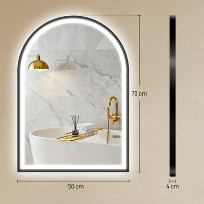 Miroir salle de bain avec éclairage 50 x 70 cm, miroir LED arqué, anti-buée, 3 couleurs lumière, dimmable, mémoire, noir