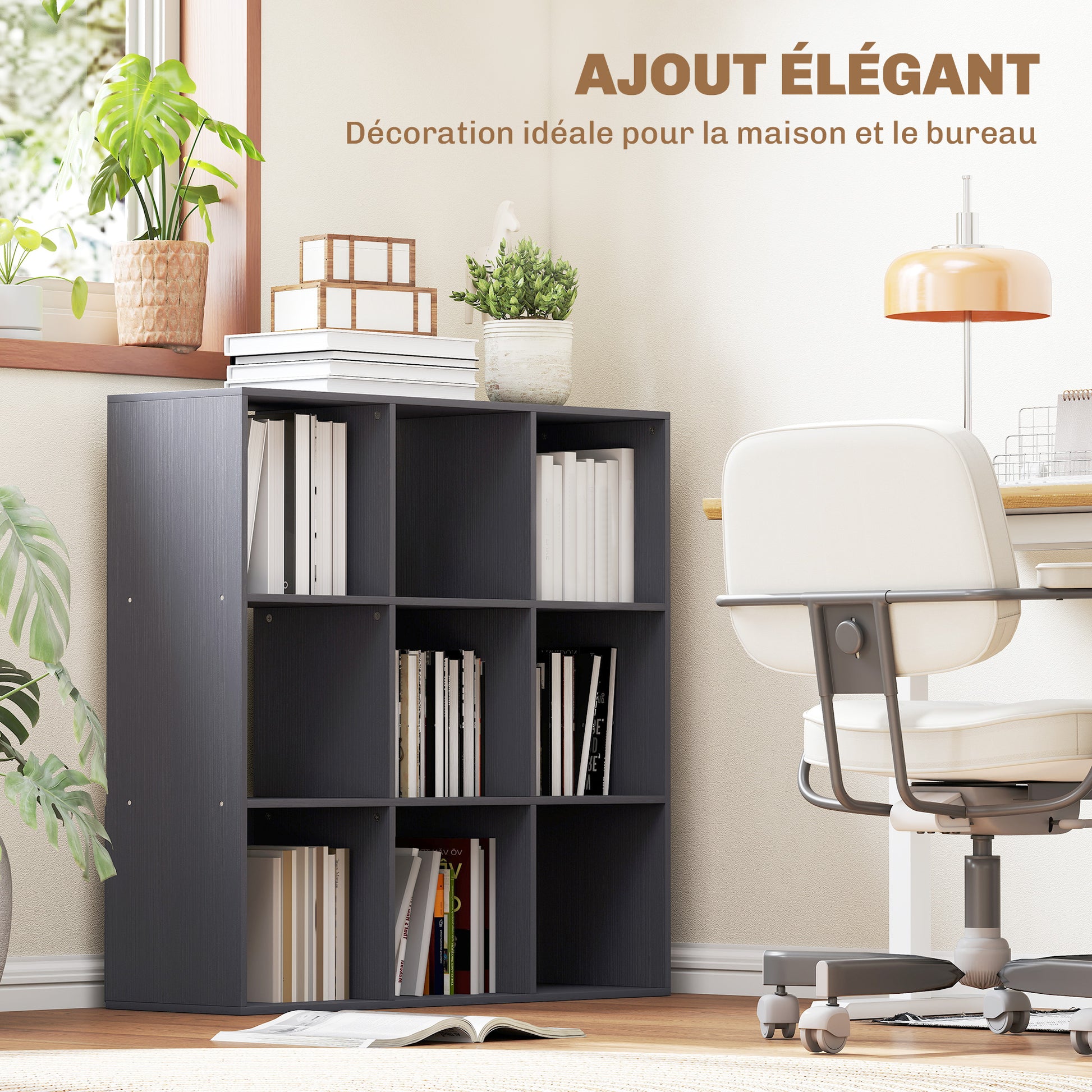 Bibliothèque, étagère de rangement à 3 niveaux avec 9 compartiments, pour salon, bureau, chambre, 91x29,5x91cm, gris