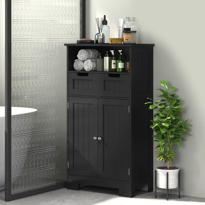 Meuble Bas de Salle de Bain Multi-rangements Grande Niche 2 tiroirs Placard Double Porte avec étagère Noir