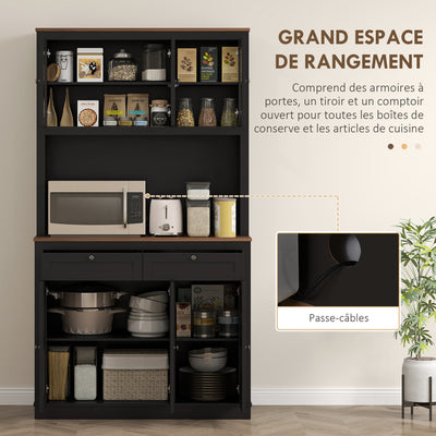 Buffet haut cuisine, armoire de cuisine, 6 portes, 2 tiroirs, plan de travail, étagères réglables, 100x40x180cm, noir