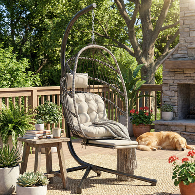 Fauteuil suspendu avec support, chaise suspendue pliante avec repose-pieds rétractable, gris clair
