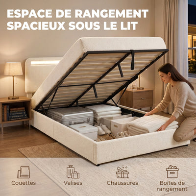 Lit Coffre 160 x 200 cm, LED RGB, Tête Réglable, Cadre de Lit Double Rembourré Velours, Rangement Hydraulique, Crème