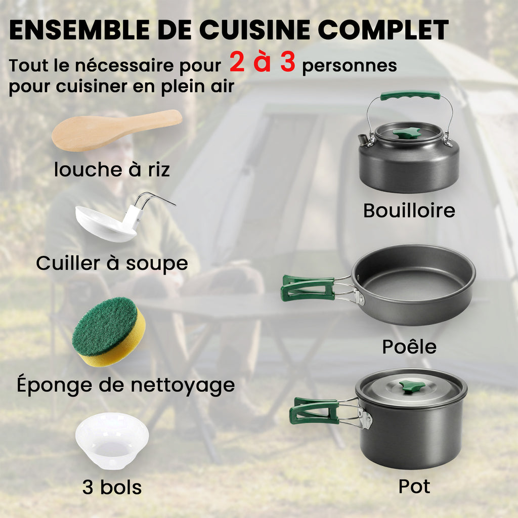Kit de Casseroles Camping en Aluminium 11 Pcs, avec Sac de Rangement et Poignées Anti-Brûlures, Ø19x10cm, Gris