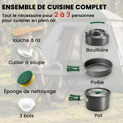 Kit de Casseroles Camping en Aluminium 11 Pcs, avec Sac de Rangement et Poignées Anti-Brûlures, Ø19x10cm, Gris