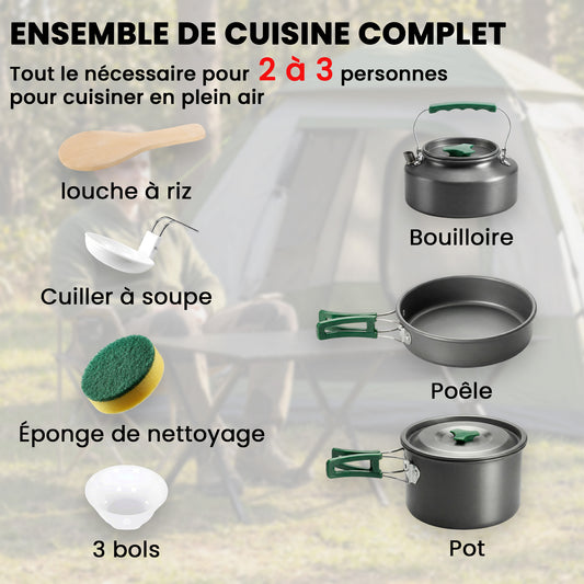 Kit de Casseroles Camping en Aluminium 11 Pcs, avec Sac de Rangement et Poignées Anti-Brûlures, Ø19x10cm, Gris