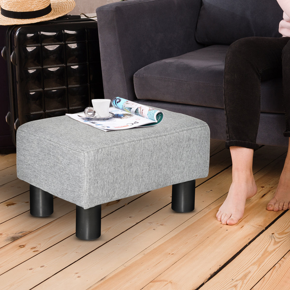 Pouf repose-pied tabouret bas en tissu de lin capacité de charge 110 Kg 40 x 30 x 24 cm gris