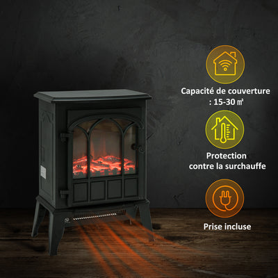 Cheminée électrique sur pied 1000/2000 W, fausse cheminée décorative avec effet flamme LED, protection contre la surchauffe, zone de couverture 15-30 m², noir