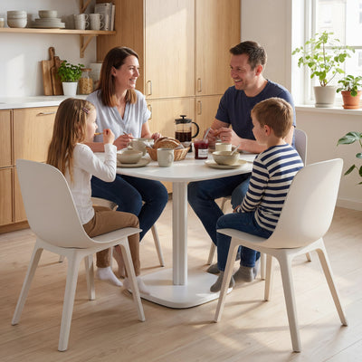 Table à manger pour 4 personne table de cuisine carrée style moderne avec plateau aspect bois, 70 x 70 cm, blanc