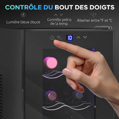 Cave à vin 8 bouteilles 21L, réfrigérateur à vin et boissons avec température réglable 8-18°C, porte en verre, noir
