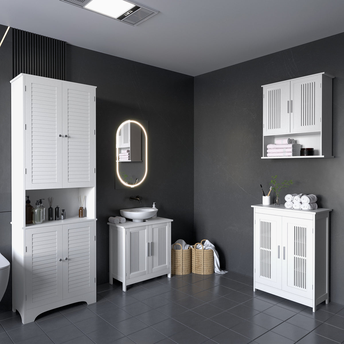 Meuble sous lavabo salle de bain - meuble sous-vasque - 2 portes rainurées avec étagère réglable - poignées alliage aluminium - dim. 60L x 30l x 60H cm - MDF blanc