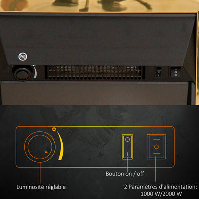 Cheminée électrique Effet de Flamme Style néo rétro Thermostat 1000-2000 W Noir Or