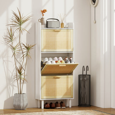 Meuble à chaussures 3 portes abattants étagère effet résine tressée design bohème 65 x 24,5 x 153 cm blanc