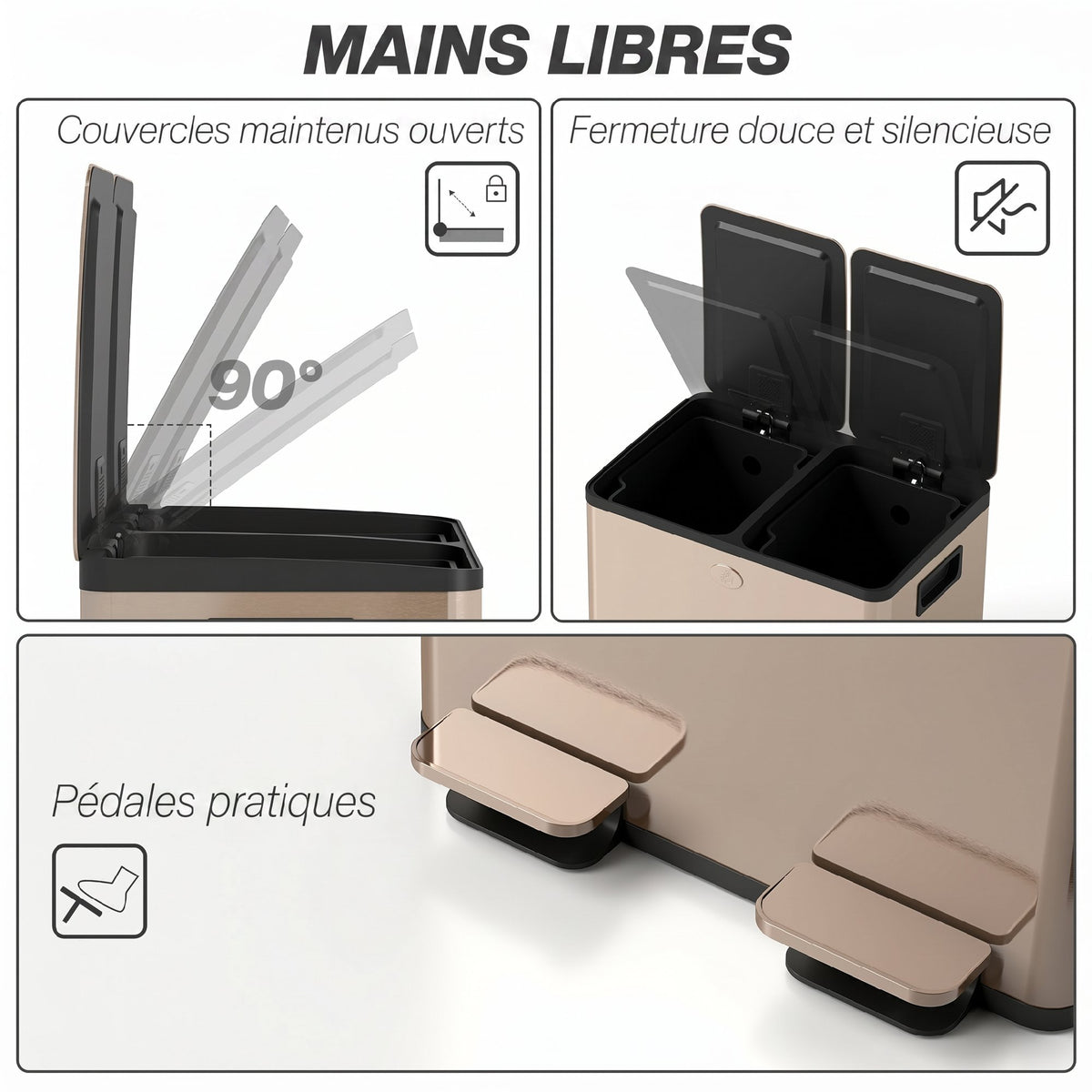 Poubelle de cuisine 2 compartiments de 2 x 28L, acier inoxydable, couvercle à fermeture douce, 45,8x36x67,6cm, or Aosom