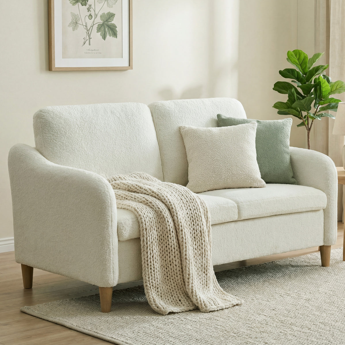 Canapé 2 places, canapé de salon en tissu bouclette avec coussins inclus, assise rembourrée, 137 x 69 x 82 cm, crème