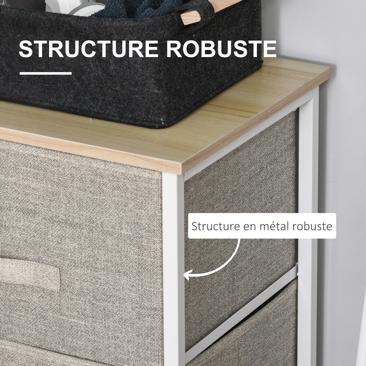 Meuble de rangement chiffonnier moderne 3 tiroirs en tissu, cadre en acier et MDF, 45 x 30 x 71 cm, gris