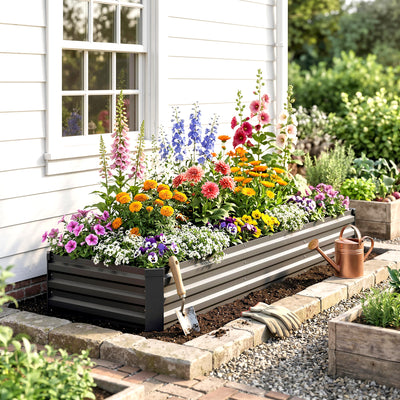 Carré potager rectangulaire, lit de jardin surélevé en acier galvanisé, fond ouvert, 240 x 60 x 30 cm, gris foncé