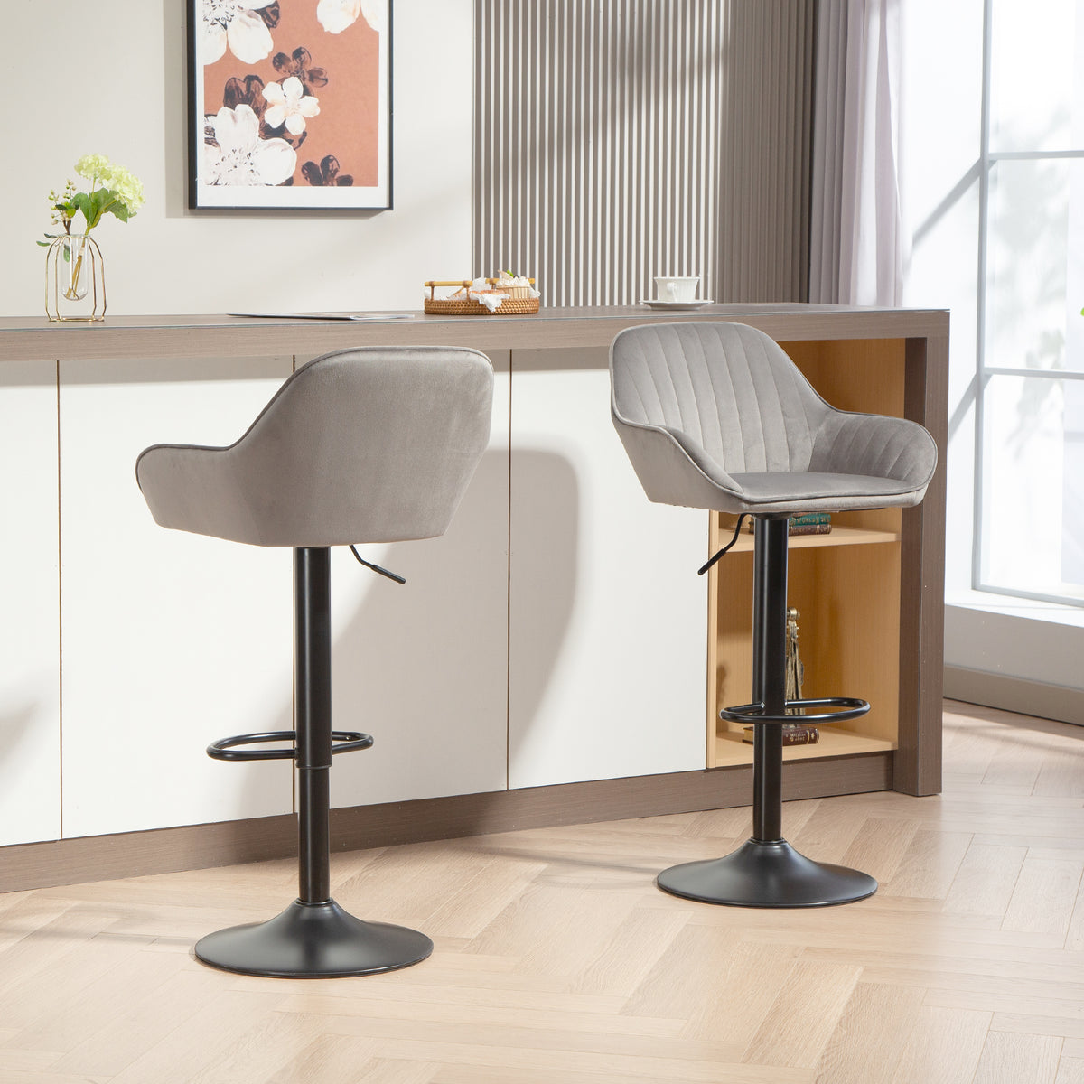 Lot de 2 tabourets de bar, chaises de bar en velours avec dossier, repose-pieds, hauteur réglable et pivotante gris