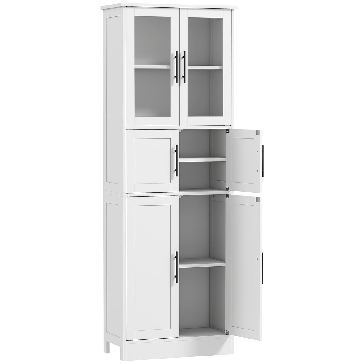 Meuble de salle de bain, meuble de rangement 6 niveaux, 6 portes dont 2 vitrées, étagères réglables, 60x30x170cm, blanc