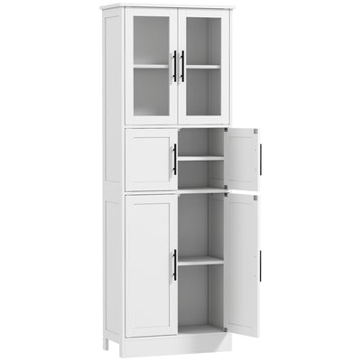 Meuble de salle de bain, meuble de rangement 6 niveaux, 6 portes dont 2 vitrées, étagères réglables, 60x30x170cm, blanc