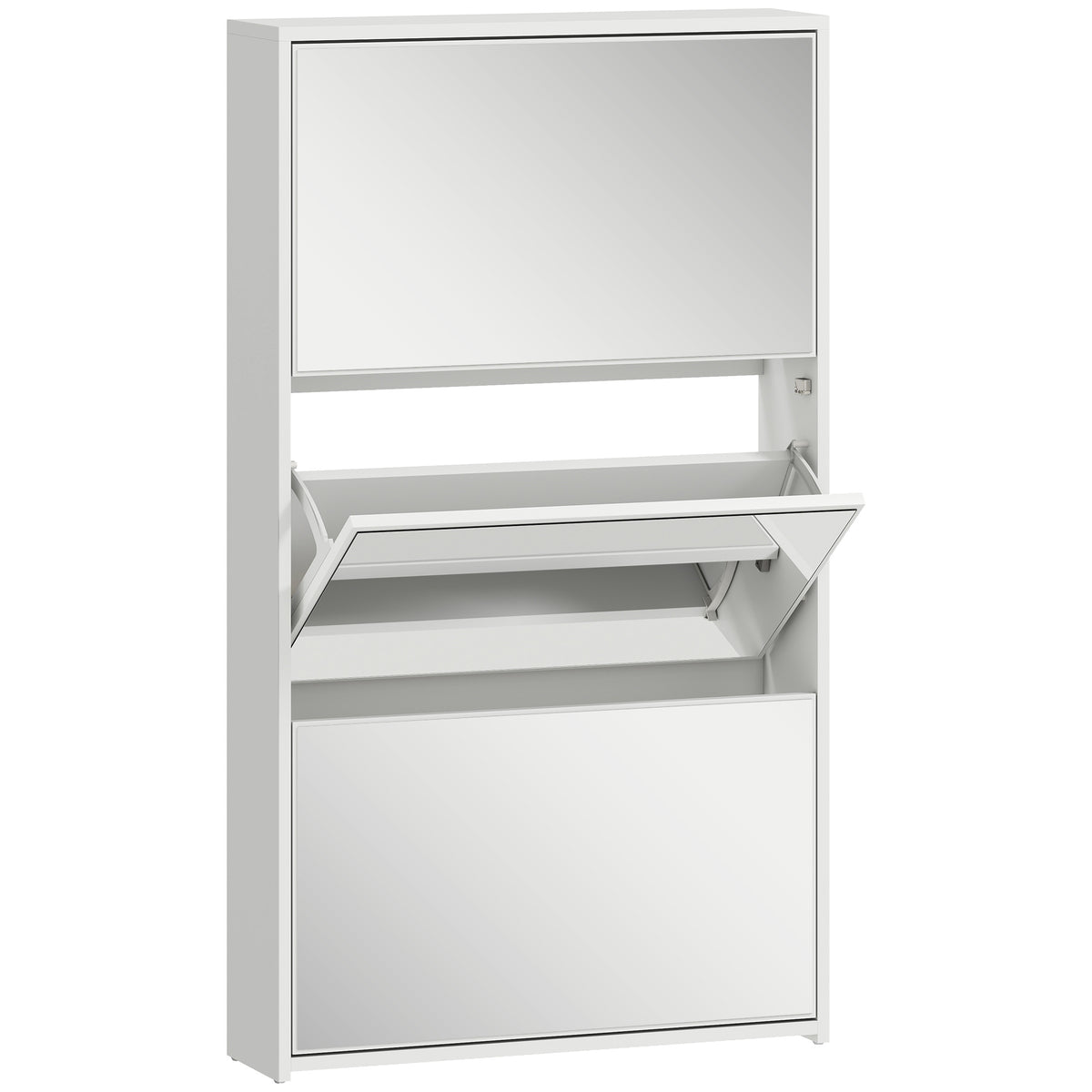 Meuble à chaussures 9 paires, armoire à chaussures étroite, 3 tiroirs rabattables et portes miroirs, 65x17x114,5cm blanc