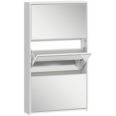 Meuble à chaussures 9 paires, armoire à chaussures étroite, 3 tiroirs rabattables et portes miroirs, 65x17x114,5cm blanc