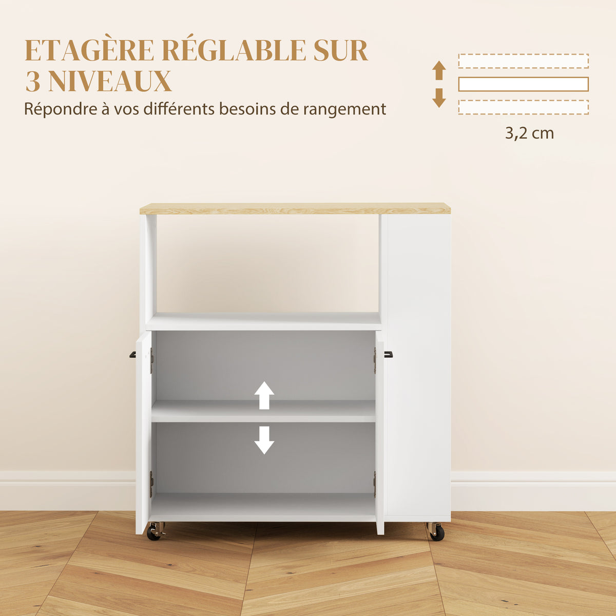 Desserte de cuisine à roulettes, Îlot central cuisine avec plan de travail et étagère réglable, 75x40x80,5cm, blanc