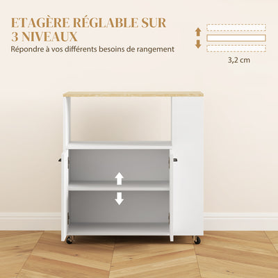 Desserte de cuisine à roulettes, Îlot central cuisine avec plan de travail et étagère réglable, 75x40x80,5cm, blanc