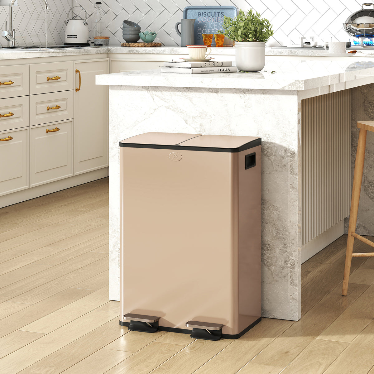 Poubelle de cuisine 2 compartiments de 2 x 28L, acier inoxydable, couvercle à fermeture douce, 45,8x36x67,6cm, or Aosom