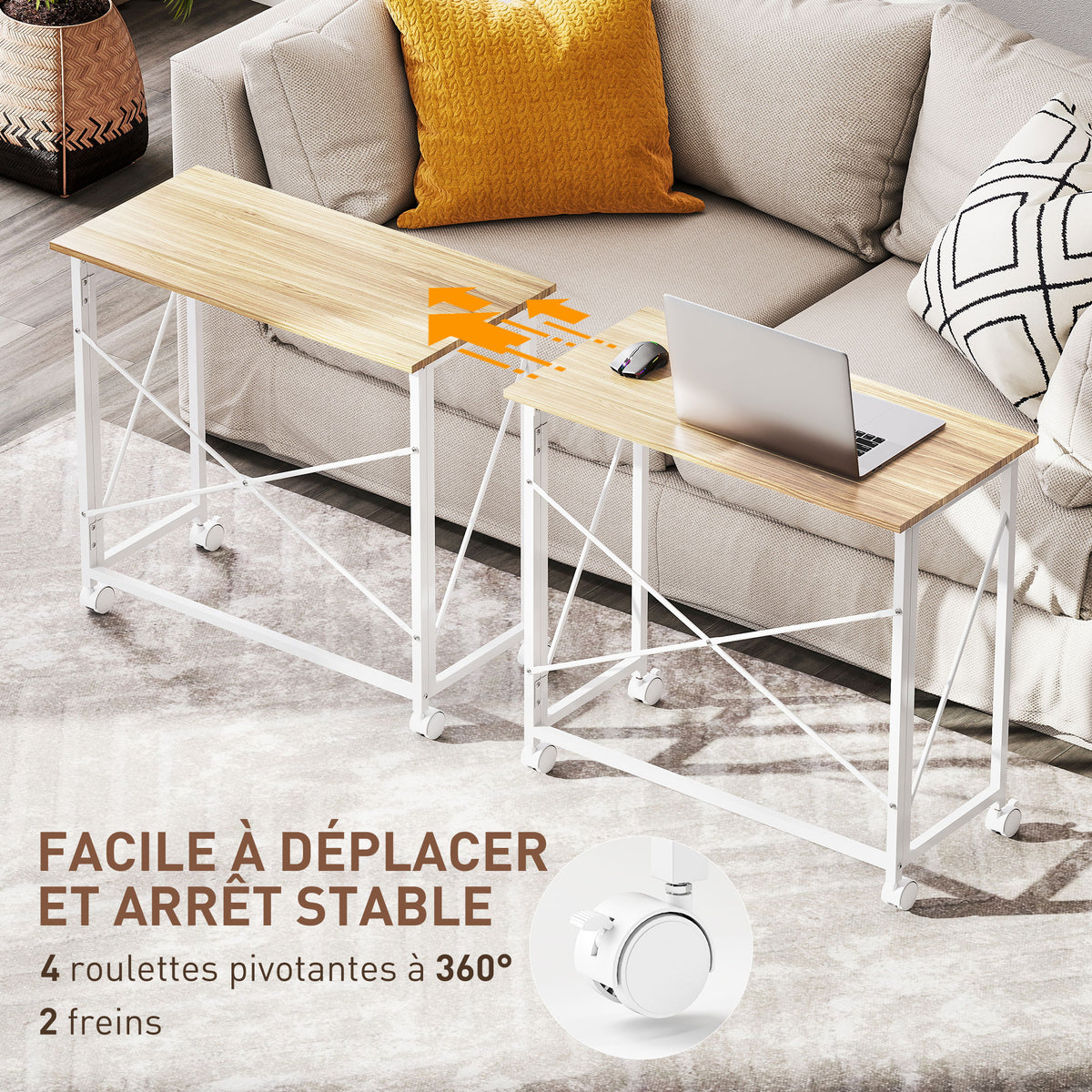 Bureau pliant table d'ordinateur 80 x 40 cm sur roulettes pour bureau à domicile, chambre, petits espaces, chêne