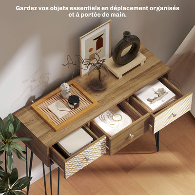 Table console avec 3 tiroirs, table d'entrée étroite avec pieds en épingle à cheveux en acier, 90 x 30 x 75 cm, marron
