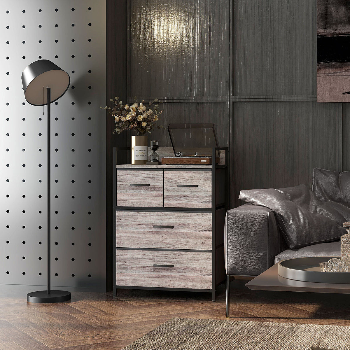 Meuble de rangement style industriel commode 4 tiroirs en tissu pliables et amovibles et 1 étagère 60 x 29 x 85 cm gris