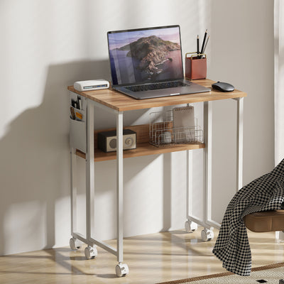 Bureau pliable sur roulettes 63 x 50 cm avec étagère et sac de rangement, bois naturel