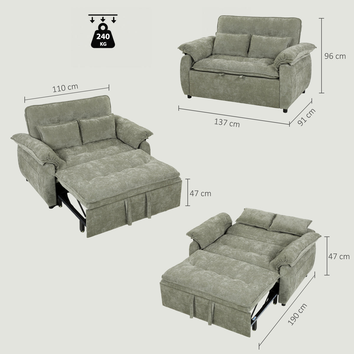Canapé Convertible 2 Places, Canapé-Lit 3 en 1 Velours 137 cm, Dossier Réglable, Assise Large, 2 Oreillers, Vert